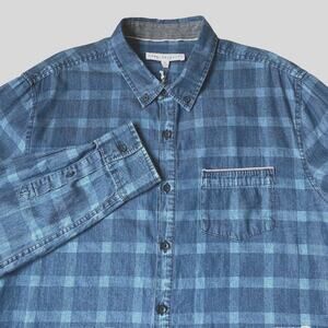 Jane + Delancey Men Windowpane Plaid Button Down Shirt M Vintage Washed Blue NWT